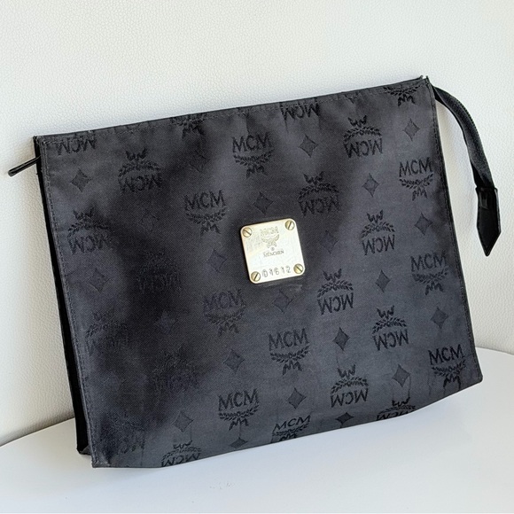 MCM Black Nylon Monogram Visetos Pouch with Gold Accents Unisex Travel Bag
